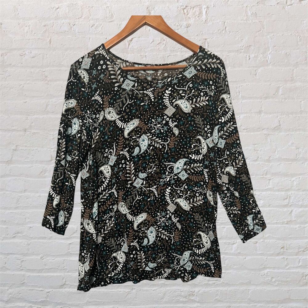 Preswick & Moore Black Multi Color 3/4 Sleeve Paisley Round Neck Stretch Top Med